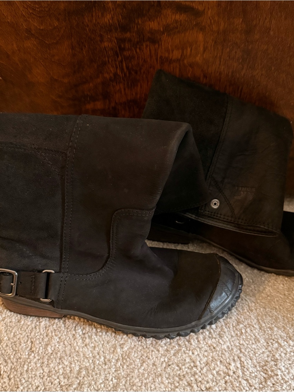 Sorel Black Suede Mid-Calf Winter Rain Boots with Buckle Accent
